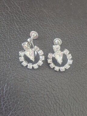 Silver Crystal Heart Circle Drop Earrings - Screw Back - Continental Brand